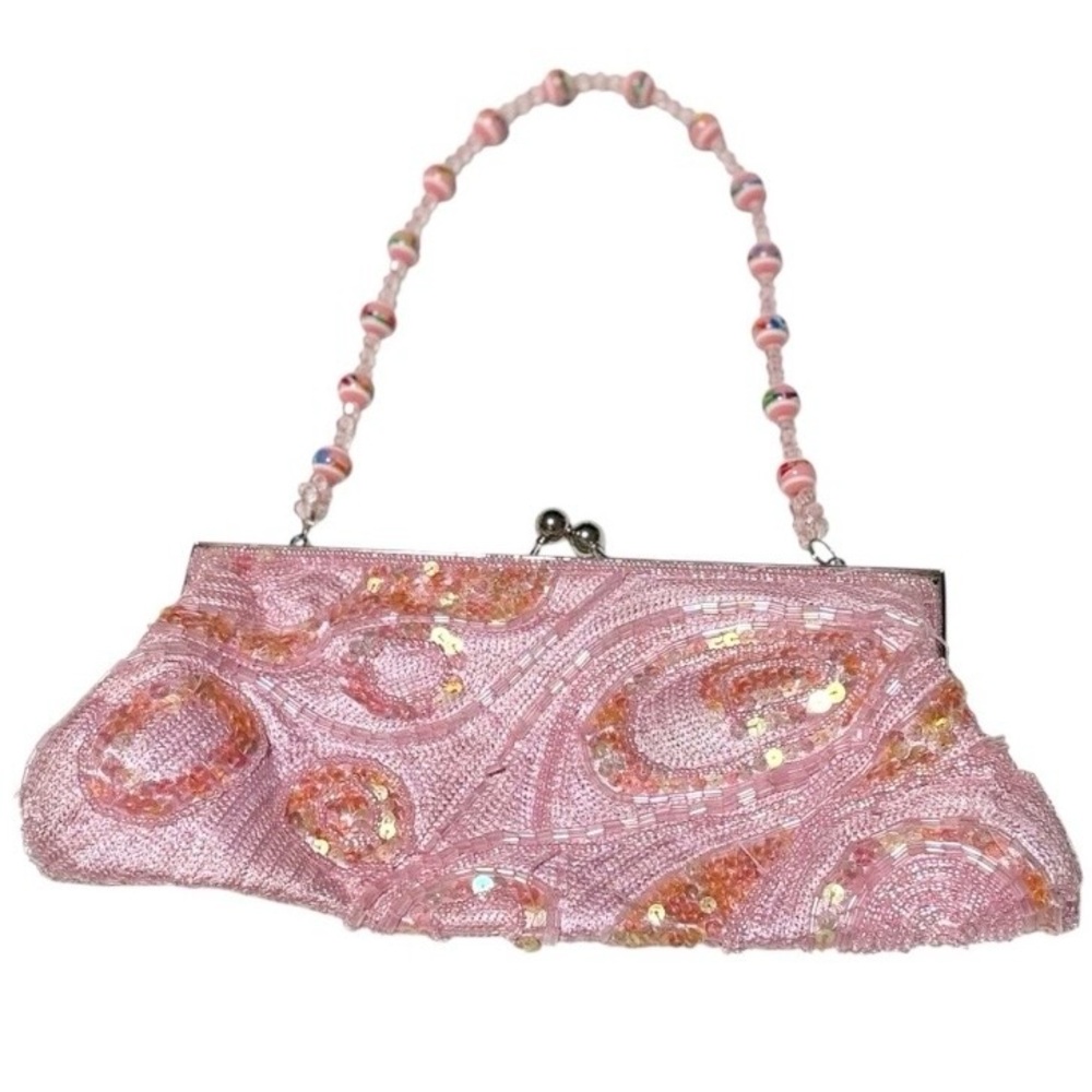 Small Light Pink Sequin Purse w/ Beaded Curved Strap - Multicolor Shimmer - Picture 7 of 7